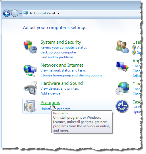 Щелчок по ссылке «Программы» в Windows 7