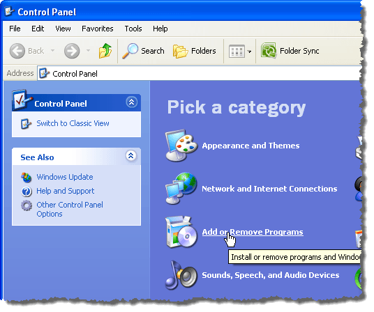 Щелчок по ссылке «Установка и удаление программ» в Windows XP