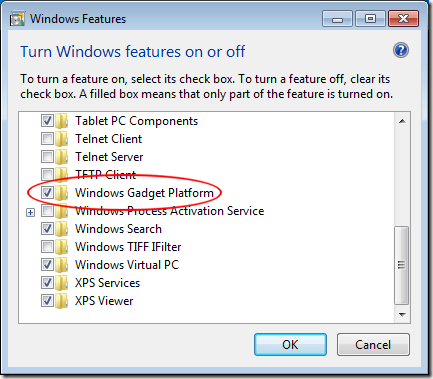 Uncheck Gadgets Platform in Turn Windows Features On or Off