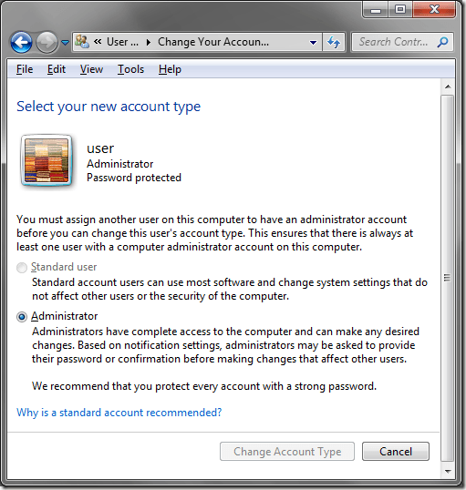 Windows 7 Selecting an Account Type