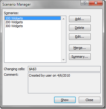 Excel What-If Analysis Final Scenario Manager Window