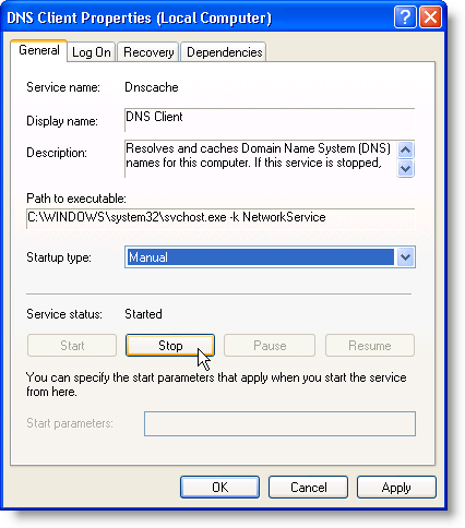 DNS Client Properties dialog box