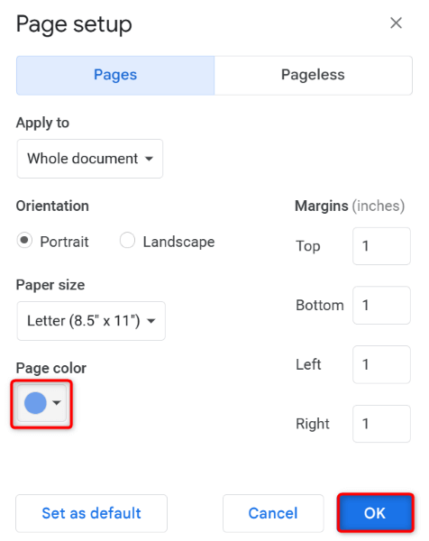 Измените цвет фона страницы документа Google Docs.