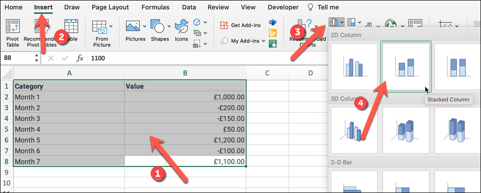 Как создать каскадную диаграмму в Microsoft Excel, изображение 6