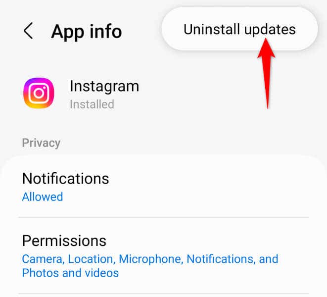 Удалите обновления приложений Instagram на изображении Android